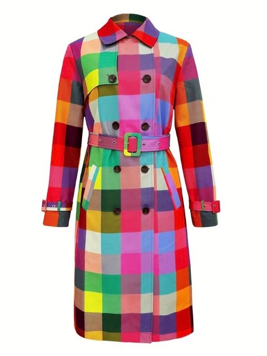 Jackets & Blazers - Plus Size Rainbow Plaid Belted Trench Coat Size 3XL